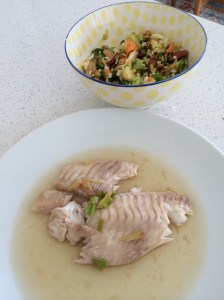 Steamed fish with ginger, spring onion and sesame soy dressing